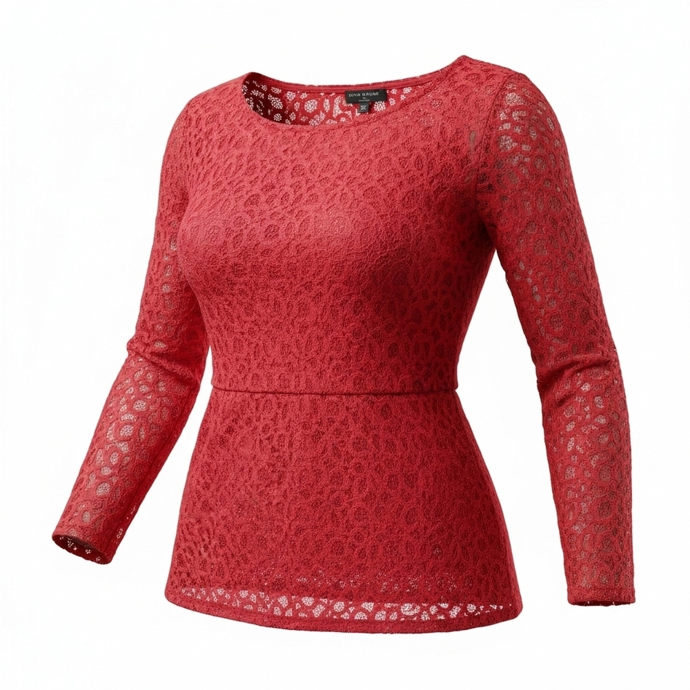 Lane Bryant Vibrant Red Lace Semi Sheer Long Sleeve Top - Picture 2 of 7